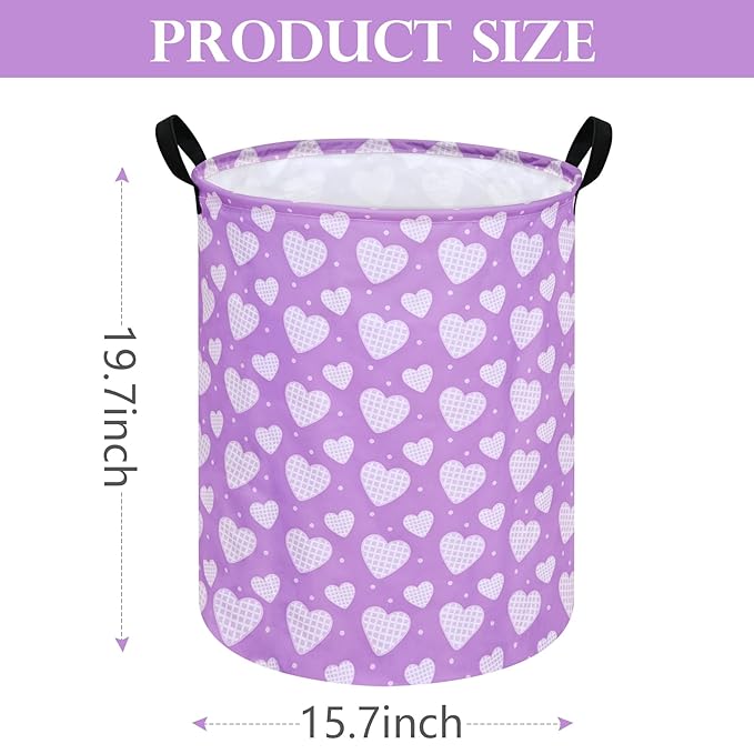 19.7 Inch Round Purple Love Laundry Hamper Laundry Basket Fabric Storage Hamper Organization Basket, Storage Bin, Toy Box,Valentine's Day Gift Basket with Handles for Room