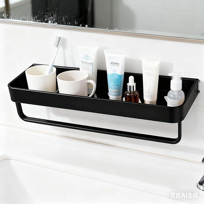 Bathroom Shelf with Towel Bar,Wall-Mounted Shower Storage Rack, 15.75 -Inch Suitable for bathrooms, Kitchens and Toilets,No Drill Bathroom Shelf