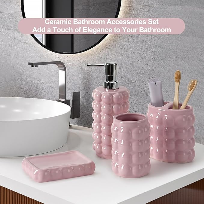 4 Piece Ceramic Bathroom Accessories Set –Soap Dispenser,Toothbrush Holder,Tumbler & Soap Dish,Includes Silicone Funnel,Non-Slip,Modern Farmhouse Countertop Organizer Set for Bathroom Decor, Pink
