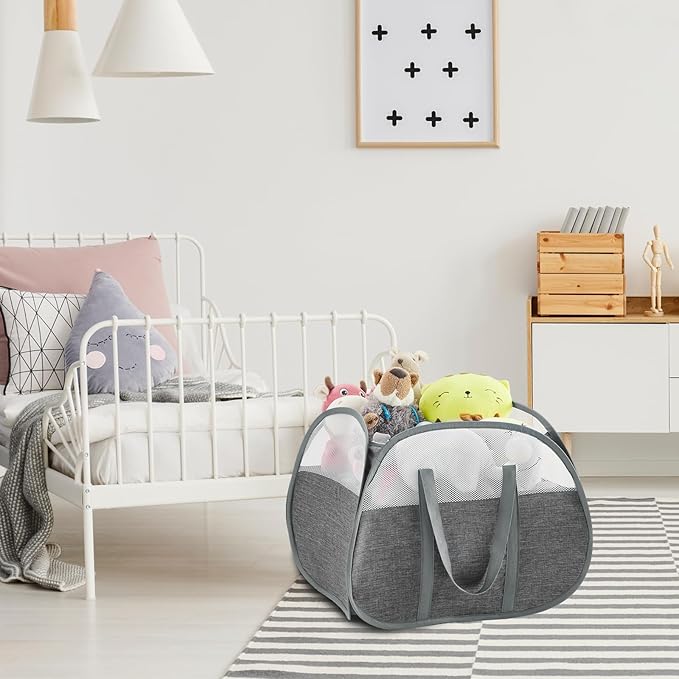 TECHMILLY Pop Up Foldable Laundry Basket, 90L Large Capacity Square & Tear Proof Laundry Hamper with Reinforced Handles for Dirty Clothes Storage in Dorm, Laundry Room, Bathroom, Grey(Fabric), 3 Pack