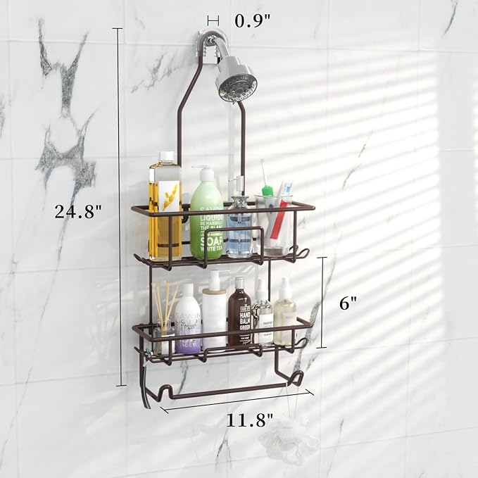 Shower Caddy Hanging over Shower Head Rust Roof Shower Organizer with 10 Hooks for Razor Shampoo Holder Bathroom Shower Rack Storage Shelf with Towel Bar – Bronze