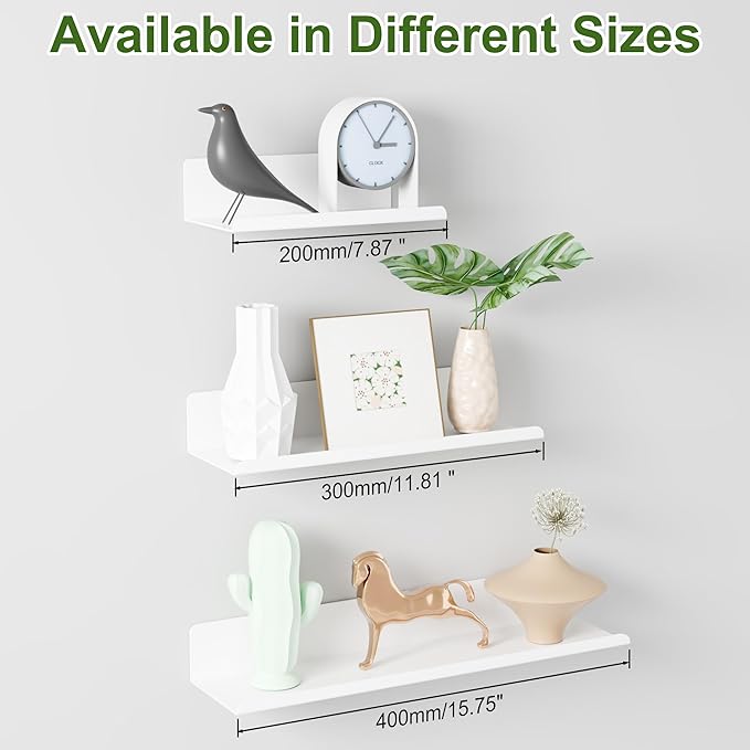 SAYAYO White Floating Shelves for Wall Storage, 16 Inch Adhesive Wall Shelves for Bedroom Decor, Small Display Bathroom Shelf Organizer for Kitchen, Living Room, Office, 2pcs