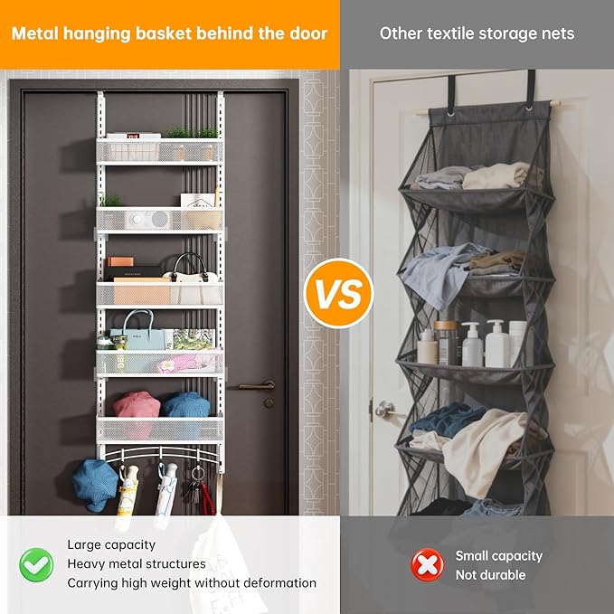 Space-Saving Over The Door Organizer with 5 Adjustable Baskets & 5 Hooks, Metal Wall Mount Storage Rack, Behind The Door Storage for Bathroom, Kitchen, Pantry, Laundry Room (White)