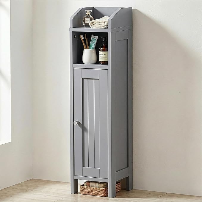 VINGLI Small Storage Corner Floor Cabinet, 7.9" Narrow Toilet Paper Storage Holder with Vertical Striped Door, Skinny Freestanding Organizer for Small Spaces, Slim Bathroom Storage Cabinet, Grey