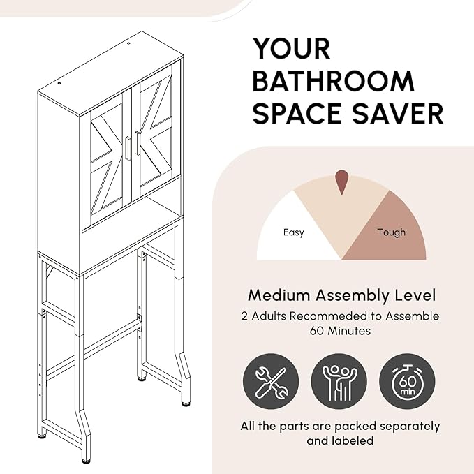 USHOWER Over The Toilet Storage Cabinet, Bathroom Organizers and Storage with Barn Doors, Thicken Metal Stand & MDF Wood Above Toilet Storage Cabinet, Freestanding Space Saver, Black