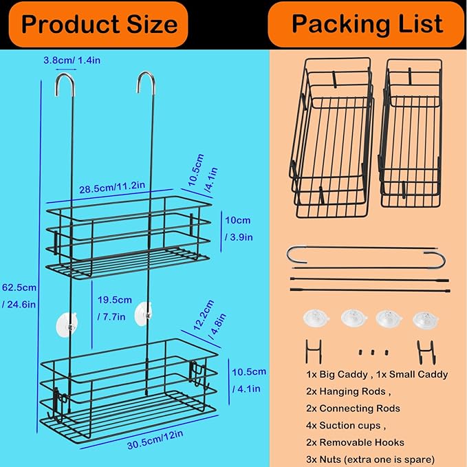 Shower Organizer Hanging Shower Caddy with Rotatable Hook bar Over the Door and Can be Hung on the Faucet or Claw Foot, Stainless Steel Rust Proof and Durable (Black)