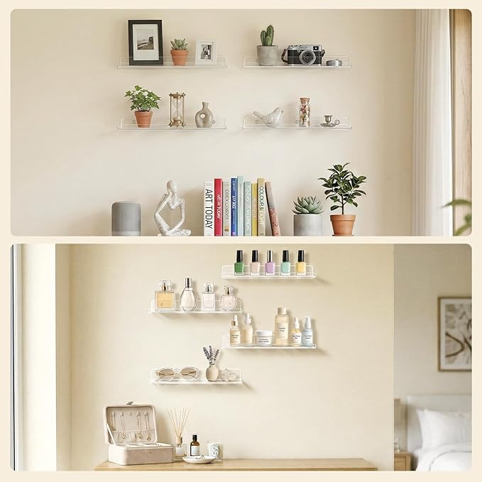 Lifewit Floating Shelves for Bathroom, Acrylic Wall Organizer for Perfume, Makeup, Figures, Nail Polish, Photo, Book, 14" Decor Display Rack for Nursery, Living Room, Bedroom, Kitchen, Clear, 8 Pack