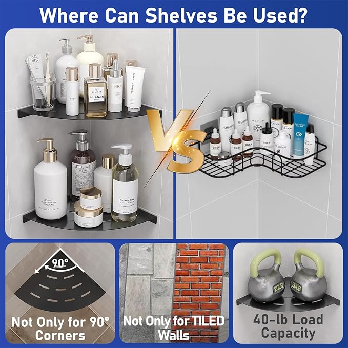 2 Pack Corner Shower Shelves Load Capacity 40 lbs 304 Stainless Steel Shower Corner Shelf Will not Rust 8in Shower Shelf for Inside Shower Matte Black Drilling Installation