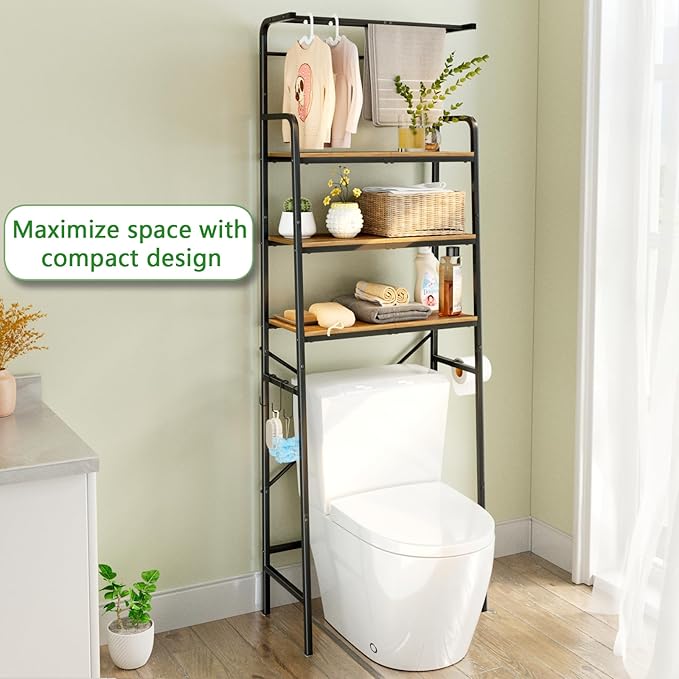 REFGY Over The Toilet Storage Cabinet,3-Tier Over The Toilet Storage Shelf with Hanging Bar,Metal Frame with Wood Bathroom Organizer Shelves,Space Saving Storage Bathroom Shelves Above Toilet for Room