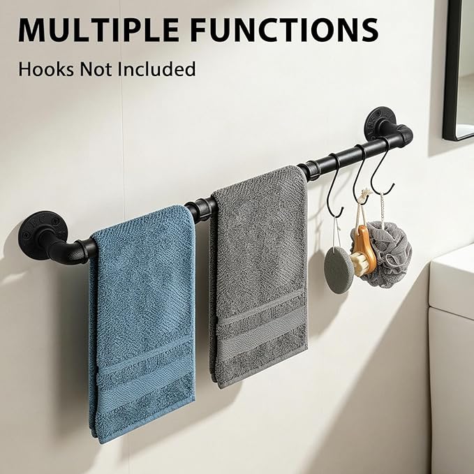 Industrial Pipe Towel Rack Towel Bar, Heavy Duty Wall Mounted Rustic Farmhouse Bath Towel Holder for Bathroom (Black, 42 inch)