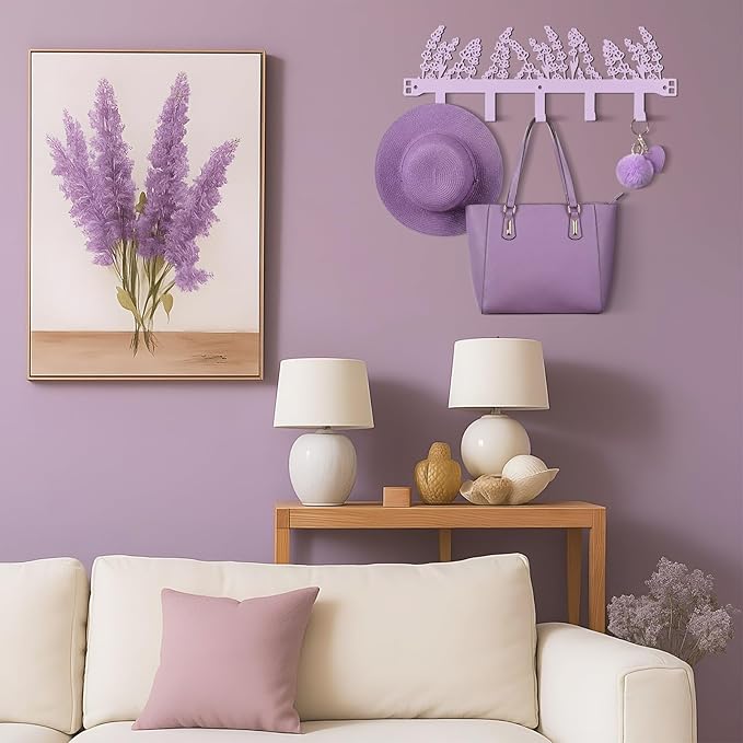 AceOrbit Purple Lavender Flower Over The Door Hooks Wall Mount Towel Hanger Cute Door Holder Rack with 5 Hooks Hanging Towel, Coat Keys, Bags, Clothes for Bedroom Bathroom Kitchen Dorm Room Organizer