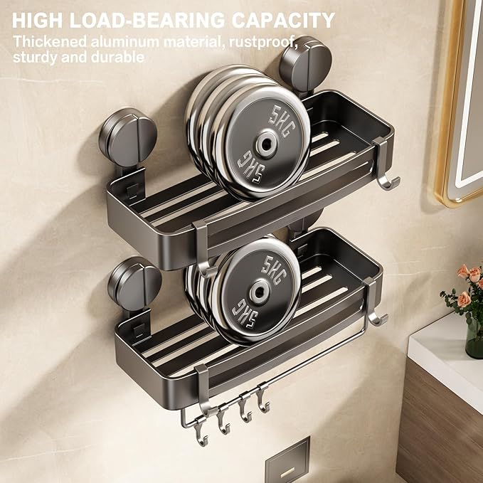 VOLPONE 2 Pack Shower Caddy Suction Cup, Corner Shower Shelves No Drilling, Showers Organizer Storage with Towel Bar & Removable Hooks, Bathroom Shower Shelf Rack for Inside Showers, Square