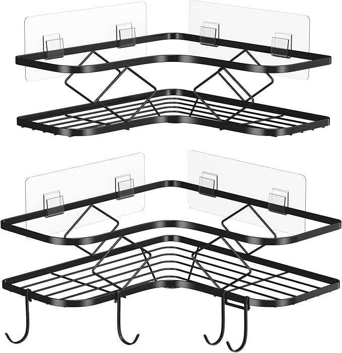 Large Corner Shower Caddy, 2 Pack Adhesive Bathroom Shower Organizer Shelves, No Drilling Rustproof Wall Mounted Shower Storage Basket Shampoo Holder Organizer (Black)