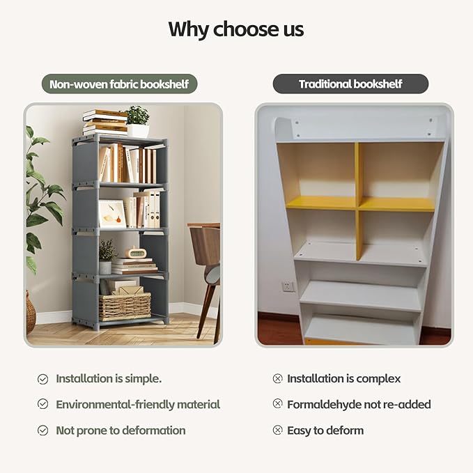 4-Cube Storage Organizer Shelf – Tool-Free Assembly Cube Bookcase for Bedroom, Closet & Small Spaces, Bookshelf Organizer for Kids’ Clothes & Nursery