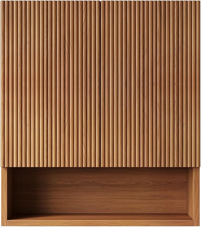 USHOWER Brown Oak Bathroom Wall Cabinet, Thickened MDF Medicine Cabinet with 2 Fluted Doors & Open Shelf, Over the Toilet Storage Cabinet for Laundry Room, Living Room, Kitchen, Wall Mounted