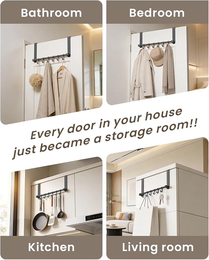 BOF Heavy Duty Over The Door Hooks, Moving 6 Door Hooks for Hanging, Over The Door Hanger Organizer for Bathroom,Black