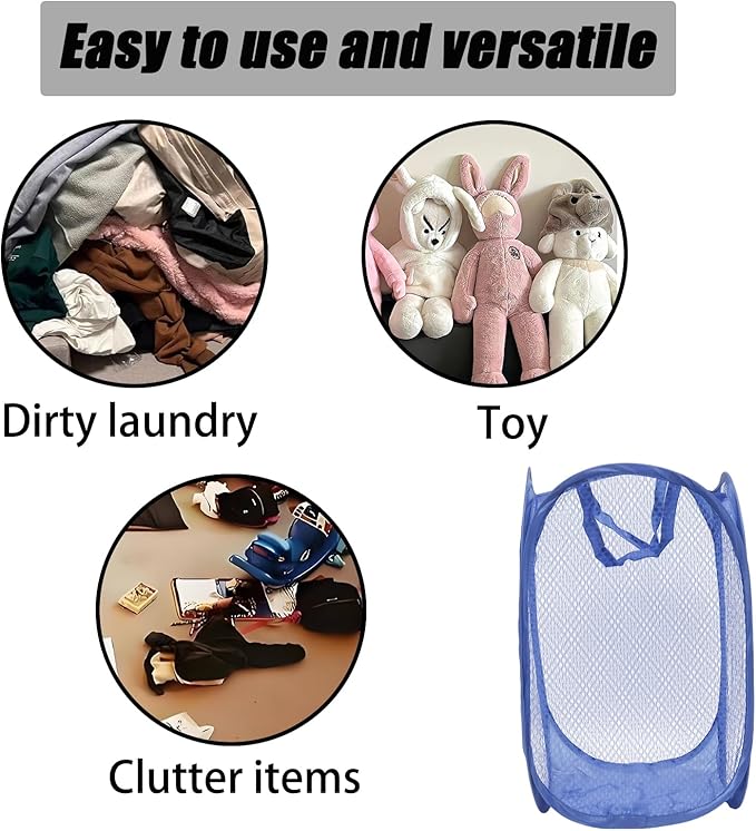 2Pcs Small Laundry Hampers, Folding Popup Mesh Laundry Basket, Collapsible Dirty Clothes Hamper, Portable Mesh Popup Hamper, Ideal for Bedroom, Travel and Home Use (Black & Dark Blue)