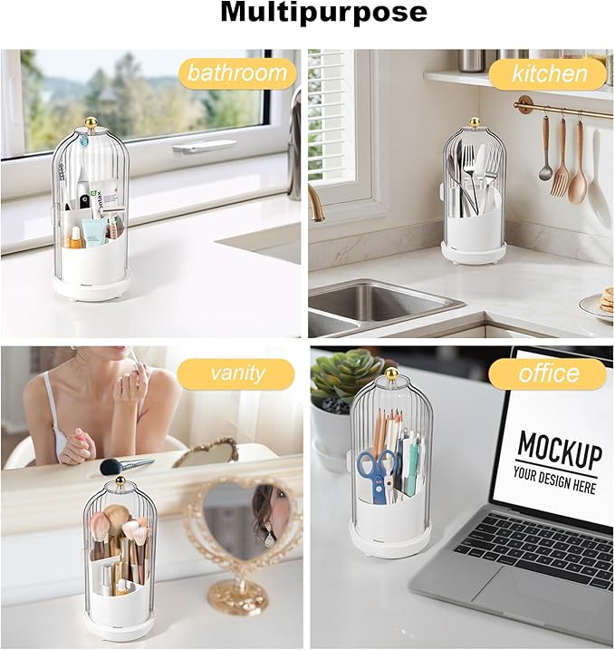 Rotating Toothbrush Holders with Cover, Dustproof Toothbrush Holder with Sliding Lid Electric Tooth Brush and Toothpaste Organizer for Bathroom, Makeup Brush Holder for Vanity, White