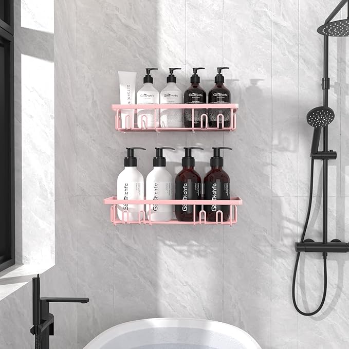 Getsrichfc Shower Caddy Adhesive, Rustproof Shower Shelves for Inside Shower, Large Capacity Bathroom Organizers and Storage, Shower Storage with Removable Hooks, No Drill Bathroom Accessories Pink