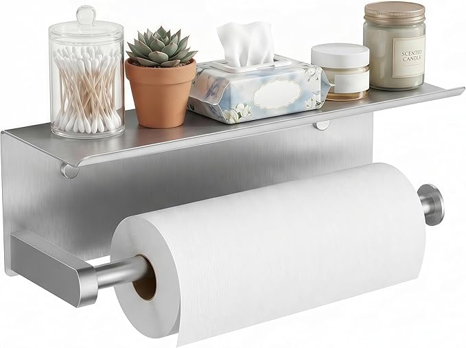 FORIOUS Paper Towel Holder with Shelf, SUS304 Stainless Steel Paper Towel Holder with Storage Shelf, Wall Mount Screw Paper Roll Organizer Commercial Paper Hand Towel Dispensers, Sliver
