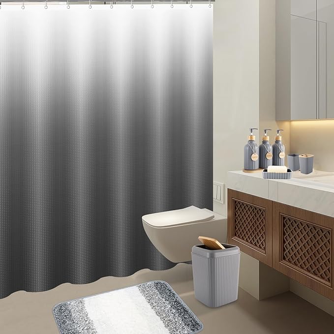32PCS Grey Bathroom Accessories Set with Shower Curtain,Rugs,Trash Can,3PCS Lotion Soap Dispenser, Toothbrush Holder, Soap Dish,Tumbler Cup,6PCS Wood Tags Bath Accessories with Tray for Bathroom
