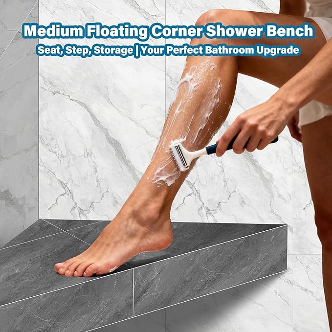 Floating Corner Shower Bench Kit - Custom Corner Shower Seat for Bathroom Remodel, Wall Mount Floating Shelf Serves as Shower Stool, Shaving Foot Rest & Storage, 17"x17"x24.5"
