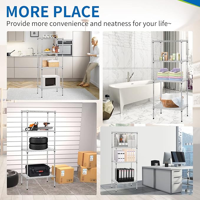 Wire Shelving Unit with PP Liners, 4 Tier Metal Storage Shelves for Laundry Room Organization, Closet Shelf Organizer, Kitchen Rack, Garage Storage, Chrome, 18" x 12" x 44" 