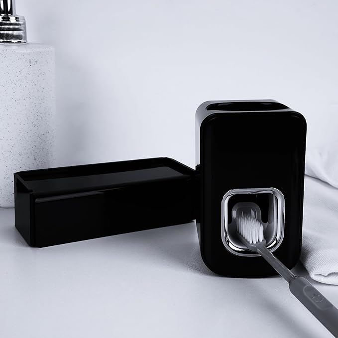 5 Slots Wall Mount Toothbrush Holder with Cover, Self Adhesive Toothbrush Storage Organizer for Shower, Toothbrush Hanger with Automatic Toothpaste Squeezer Dispenser(Black)