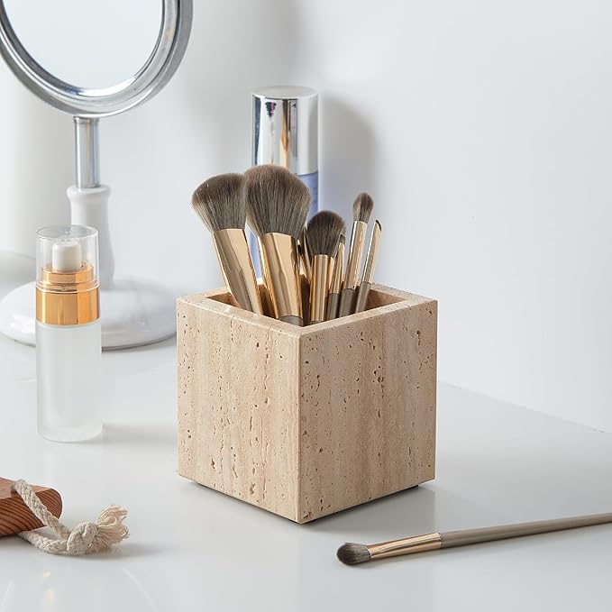 Real Luxurious Natural Marble Toothbrush Holder & Makeup Brush Organizer & Pen Holder for Desk,3.93inch Square Marble Utensil Holder Non-Ceramic/Non-Resin (Travertine)