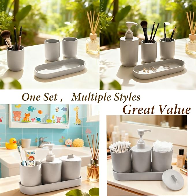 4-Piece Light Gray Bathroom Organizer Set, Plastic Countertop Storage with Lotion Soap Dispenser, Tumbler, Cotton Swab Cup & Vanity Tray – Clean Bathroom Decor for Modern Spaces