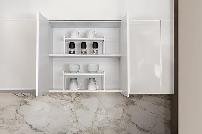 Nxconsu 2 Pack Cabinet Shelf Organizer 16.1"x8.3"x7.3" White, Stackable Kitchen Counter Shelf Riser, Heavy Duty 3mm Steel Storage Rack for Pantry Cupboard Bathroom Under Sink, 50lbs Capacity, Non-Slip