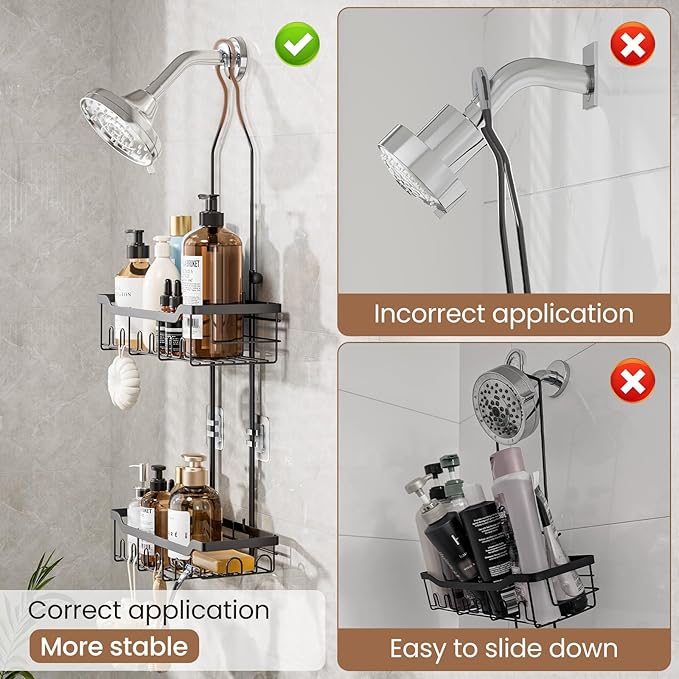 Skyapex Shower Caddy Hanging, Adjustable Height 2-Tier Shower Organizer Over Showerhead, Rust-Resistant Stainless Steel Shower Rack with 15 Hooks, Heavy Duty Anti-Swing Bathroom Storage, Black