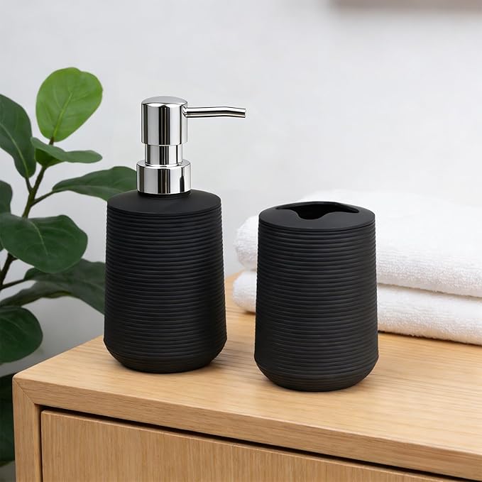 Bathroom Accessories Set, Bathroom Soap Dispenser & Toothbrush Holder Set, 2 Piece High Capacity Organizer in Black, Minimalist Boho Style for Clutter Free Bathroom