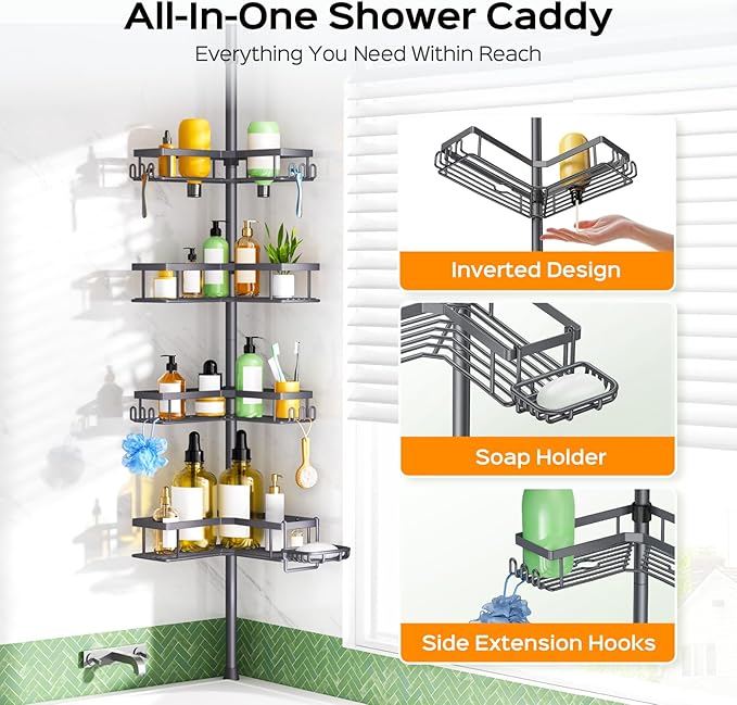 HAMITOR Shower Caddy Tension Pole: 4-Tier Corner Bathroom Organizer with Soap Holder - No-Drill Adjustable Storage Rack - 47-123 Inch Rustproof Space Saving Gray