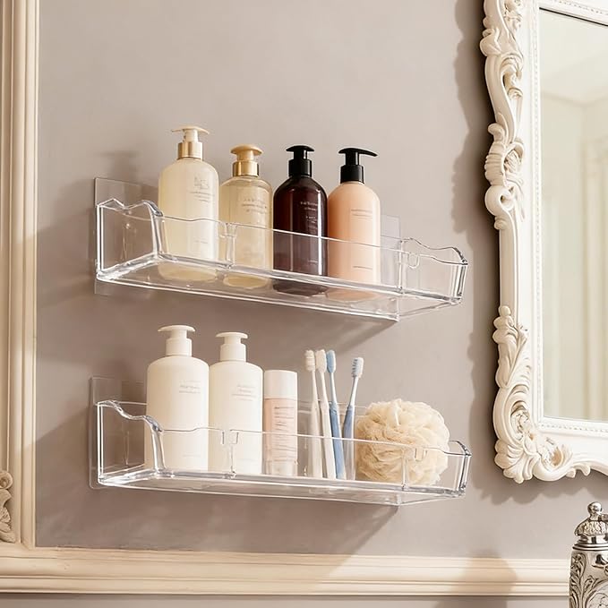 Acrylic Floating Shelves, Clear Bathroom Shelves Wall Mounted, Multi-Use Wall Storage Organizer for Bathroom, Kitchen, Bedroom, Living Room,Study Room (2pcs)