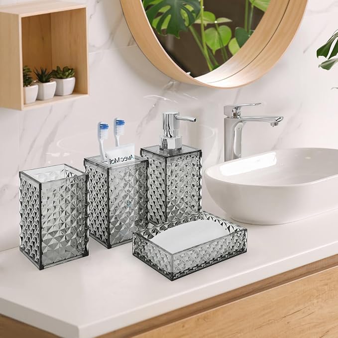 Bathroom Accessories Set, 4 Pcs Bathroom Decor Bathroom Sets Accessories, Diamond Soap Dispenser, Bathroom Tumbler, Soap Dish and Toothbrush Holder Set, Boho Bathroom Decor Grey