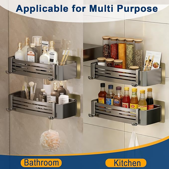 Shower Caddy, No-Drilling Adhesive Shower Shelves with Hooks, Waterproof & Rustproof Removable Shower Organizer Storage for Bathroom Kitchen
