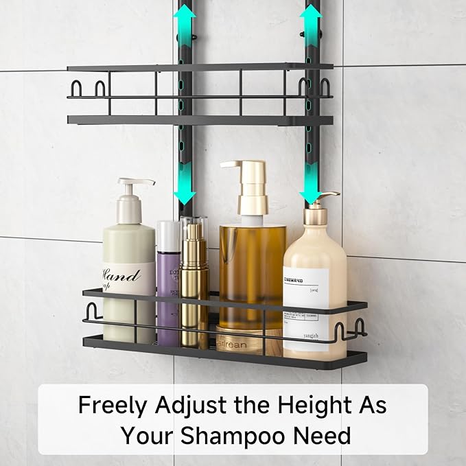 3 Tier Hanging Shower Head Caddy, Adjustable Hanging Shower Caddy Over Showerhead, Standing Shower Caddy No Drilling Handing Racks Rustproof for Bathroom Shampoo Soap Storage
