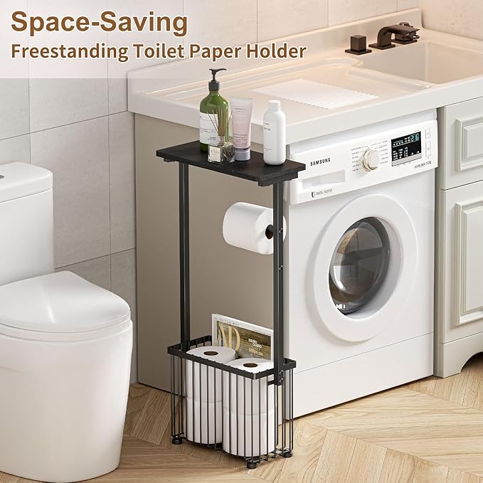 Free Standing Toilet Paper Holder Toilet Storage Stand Bathroom Holder with Storage Paper Towel Holder with Shelf,Simple Black,Can Hold 4-6 Rolls.Place Mobile Phones