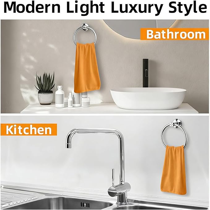 Towel Ring 2Pack, SUS304 Stainless Steel Hand Towel Holder for Bathroom Kitchen, Modern Style Towel Hanger, Thicken Ring Towel Holder, Towel Rack Round Wall Mounted (2, Bright Silver)