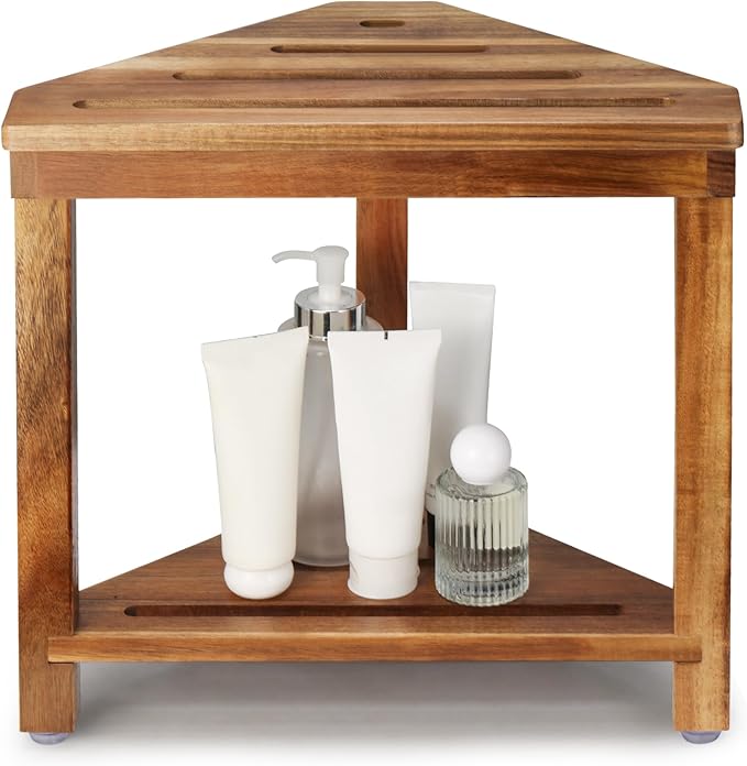 Acacia Wood Shower Stool for Shaving Legs, Shower Foot Rest with Storage Shelf for Inside Small Shower Spaces, Waterproof Shower Foot Stool for Inside Shower, Corner Bath Shower Bench