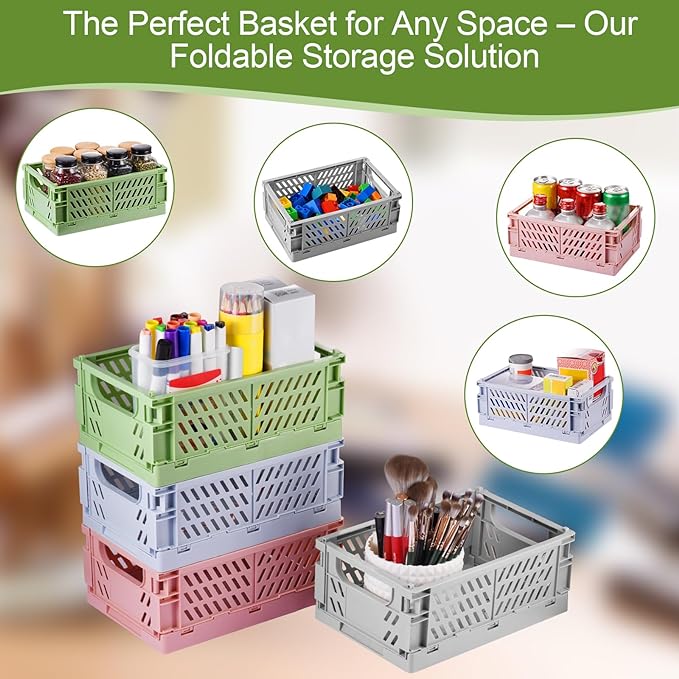 HUUSMOT 4-Pack Small Pastel Plastic Storage Baskets, Collapsible Crates for Organizing, Space-Saving Mini Bins for Classroom, Kitchen, Office, Bedroom (9.8" x 6.5" x 3.8")