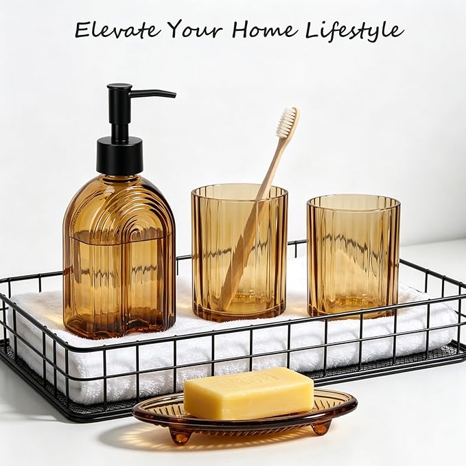 Amber Bathroom Accessories Set, 4Pcs Glass Bathroom Accessories Set Complete Lotion Soap Dispenser, Toothbrush Holder, Mouthwash Cup, Soap Dish for Bathroom Decor, Countertop Organizer