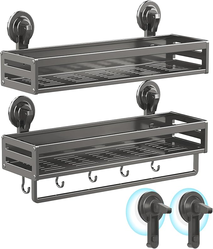 Suction Cup Shower Caddy, 15.7inch Extended Version, with 5 Hooks & Towel Rrack, No Drilling Required, Rust-Resistant Bathroom Shower Organizer (Dark Gray, 2-Pack)