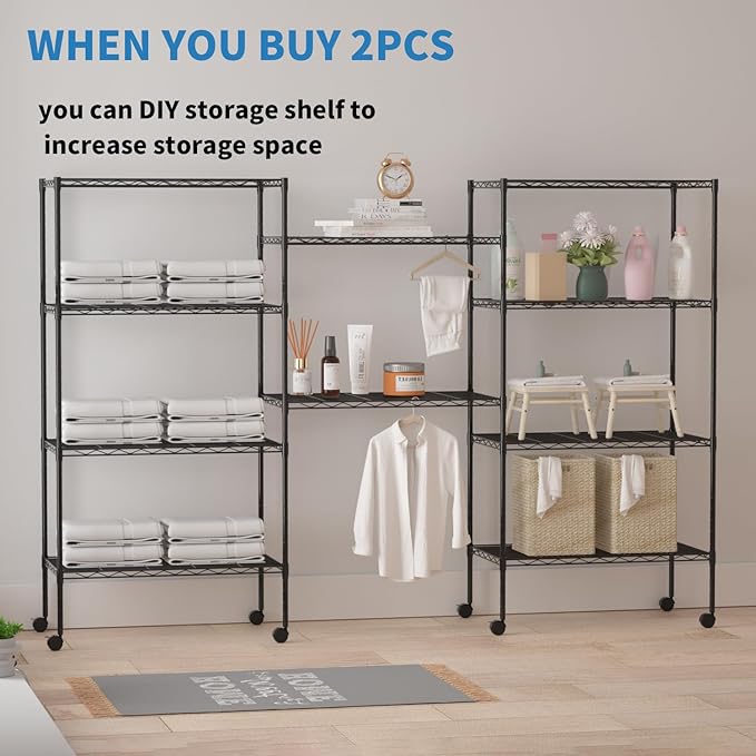 5-Tier Heavy Duty Storage Shelving Unit, Metal Shelves for Garage, Pantry, Kitchen Organization – Adjustable Wire Rack Shelf Organizer, 60"x30"x14", 1250lbs, Black