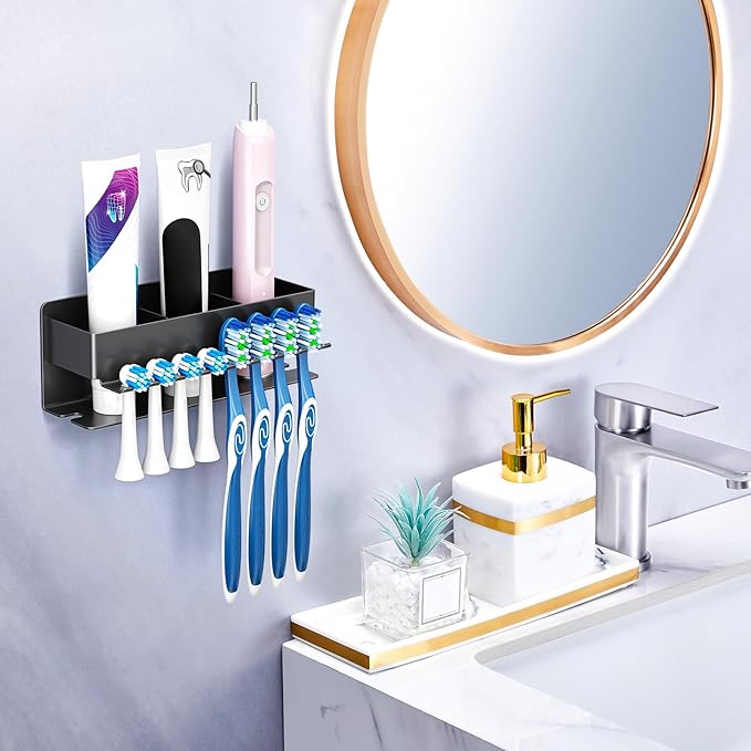 Toothbrush Head Holders, Electric Tooth Brush Head Holder, Adhesive Toothpaste Holder for Shower Bathrooms, Wall Mounted Tooth Brushing Holder Organizer Storage (Black, Large)