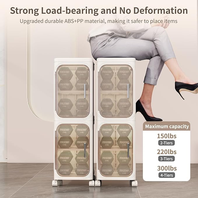 2-Tiers Slim Bathroom Storage Cabinet, Foldable Storage Cabinets,Narrow Bathroom Storage,Movable Bathroom Storage Organizer for Small Spaces,Bathroom,Kitchen,Laundry, Beige