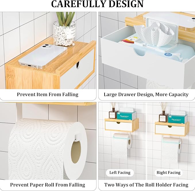 Domax Toilet Paper Holder with Shelf,Wall Mount/Adhesive Bathroom Toilet Paper Holder,Bamboo Wood Tissue Toilet Roll Holder with Storage Drawer for Organizer Wipes,Fits Any Room, Bamboo+White, Large