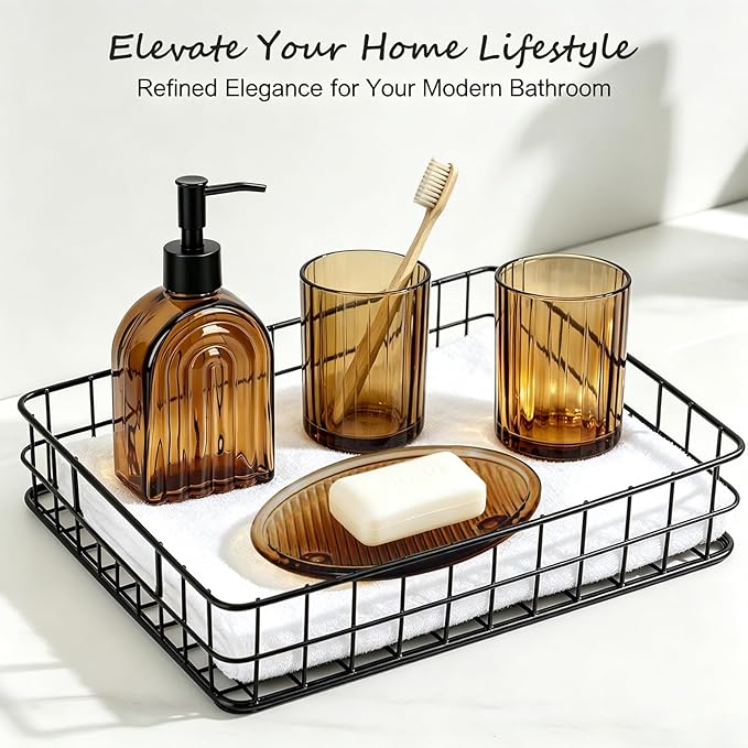 Glass Bathroom Accessories Set,13.5oz 4 Pcs Liquid Arch Design Hand Soap Dispenser Set with Stripe Toothbrush Holder, Mouthwash Cup, Soap Dish for Bathroom(Amber)