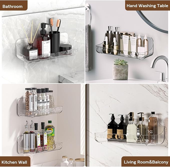 Acrylic Shower Shelves 2 Pack, Adhesive Clear Bathroom Shelf, Plastic Shower Caddy with Self Adhesive Tape, No Drilling, Wall Mounted Shower Organizer for Bathroom Storage & Kitchen
